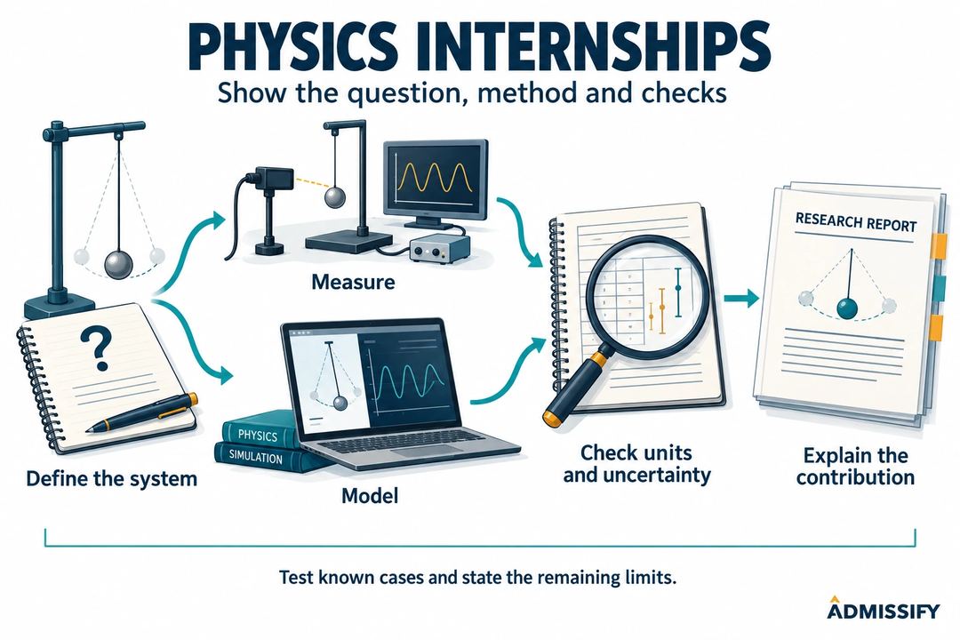 A physics workflow connects a physical question to measurement or modelling, checks for units and uncertainty, and an explained result.