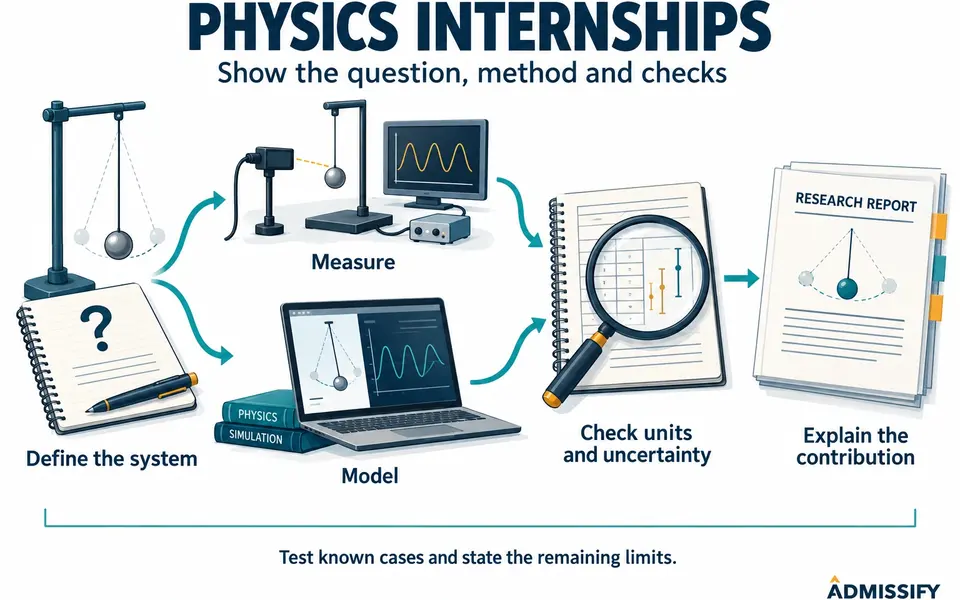 A physics workflow connects a physical question to measurement or modelling, checks for units and uncertainty, and an explained result.