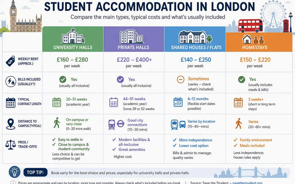 Comparison chart of London student accommodation types showing university halls, private halls, shared houses and homestays with indicative rent bands and what is included.