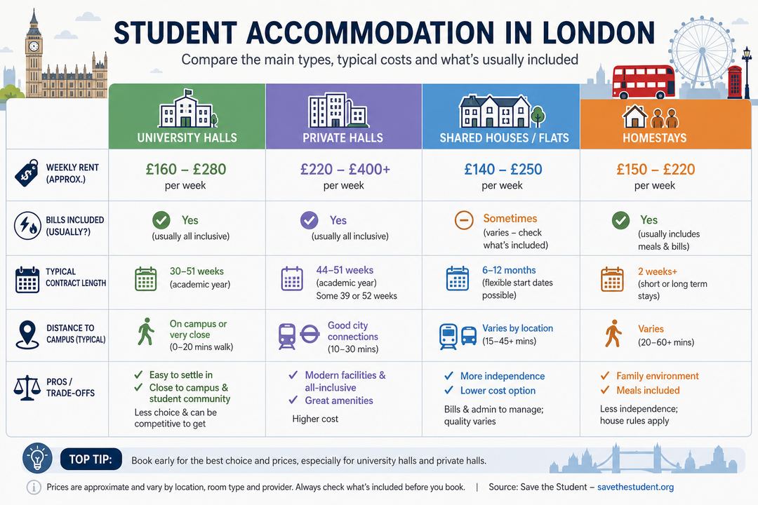 Comparison chart of London student accommodation types showing university halls, private halls, shared houses and homestays with indicative rent bands and what is included.