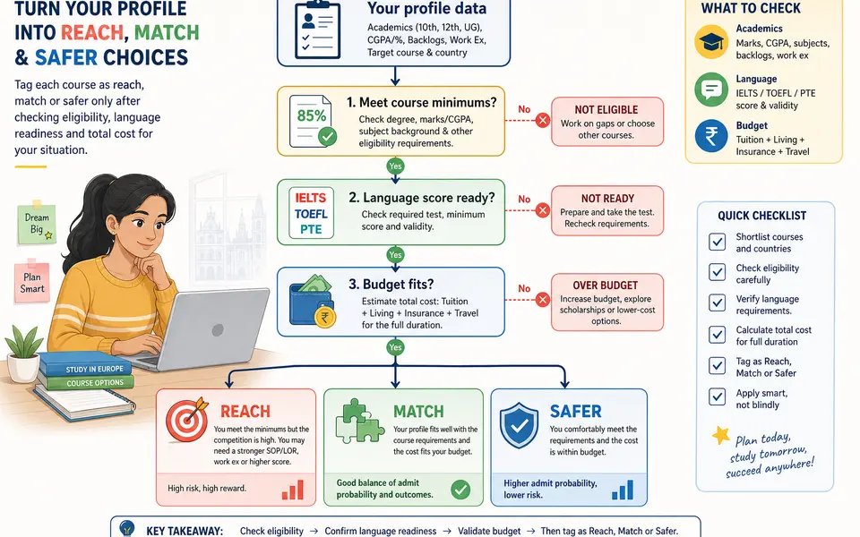 Flowchart guiding an Indian student through checking eligibility, then tagging European courses as reach, match or safer based on academics, language scores and budget.