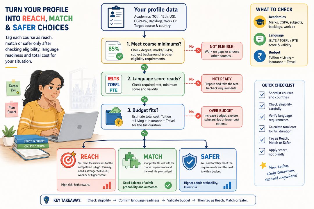 Flowchart guiding an Indian student through checking eligibility, then tagging European courses as reach, match or safer based on academics, language scores and budget.
