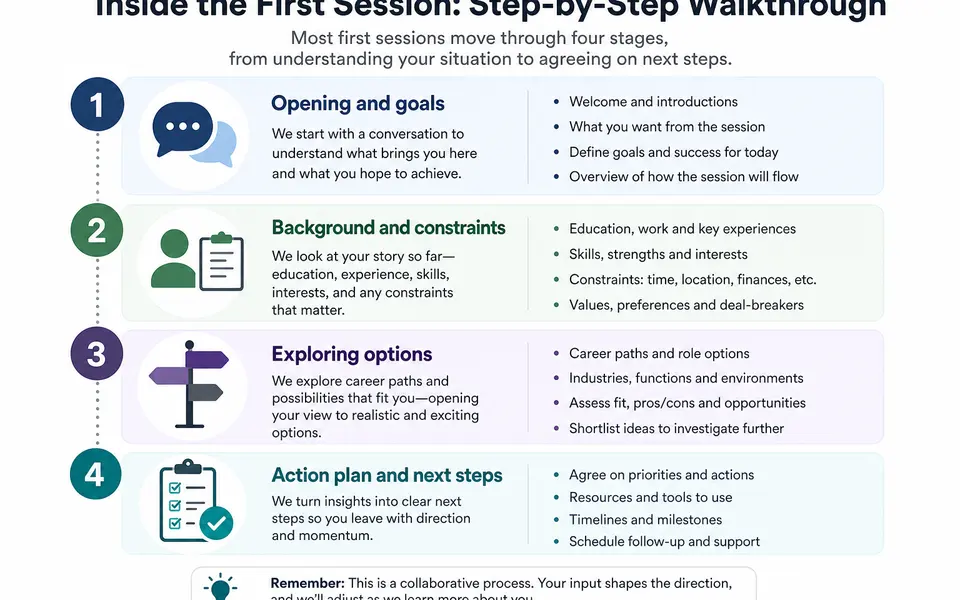 Infographic showing four stages of a first career counselling session: opening, background, exploration, and action plan.