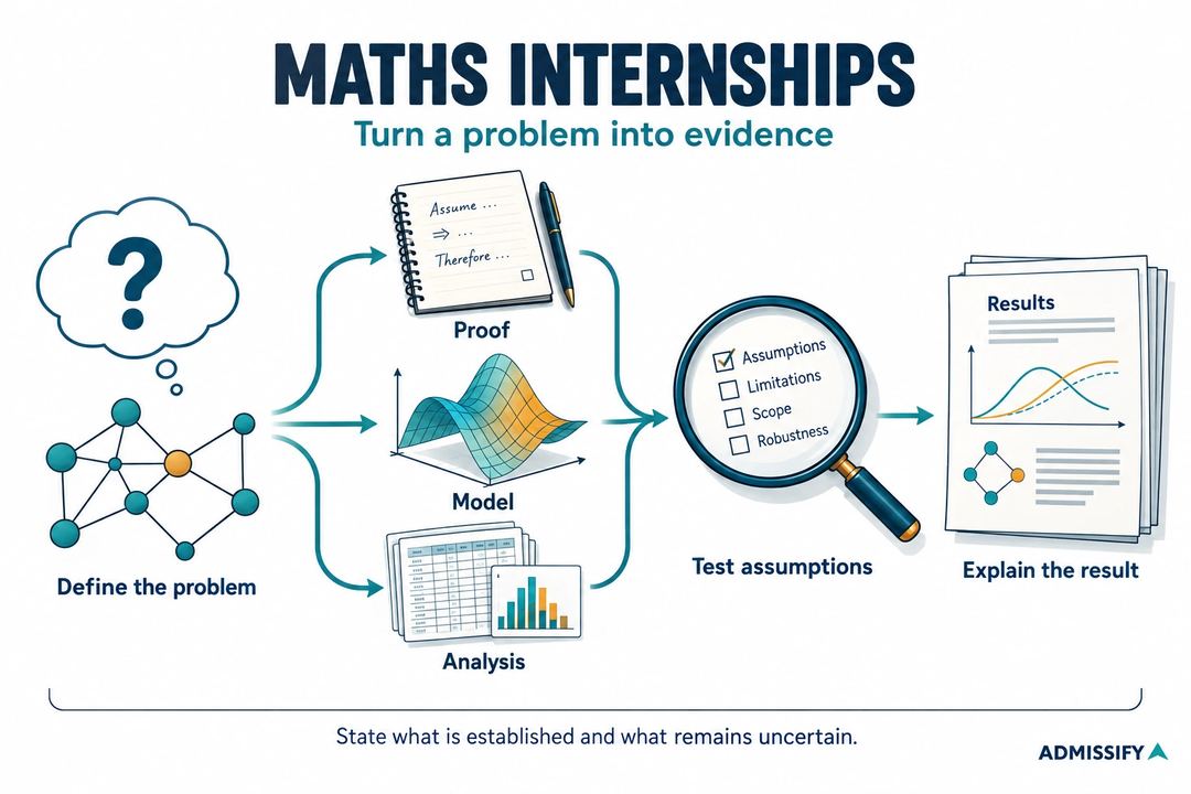 A mathematical problem branches into proof, model and analysis before assumptions are tested and results explained.