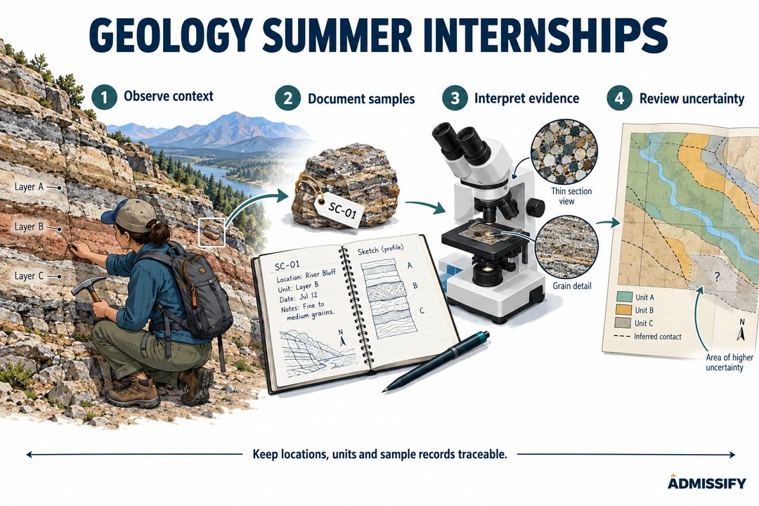 A geology workflow traces an illustrative field sample through context notes, laboratory interpretation and a map showing uncertainty.
