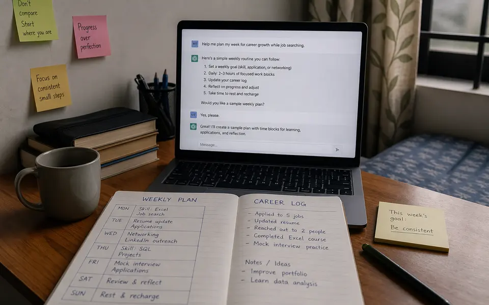 Young job seeker updating a written career log beside a laptop displaying an AI chat window.