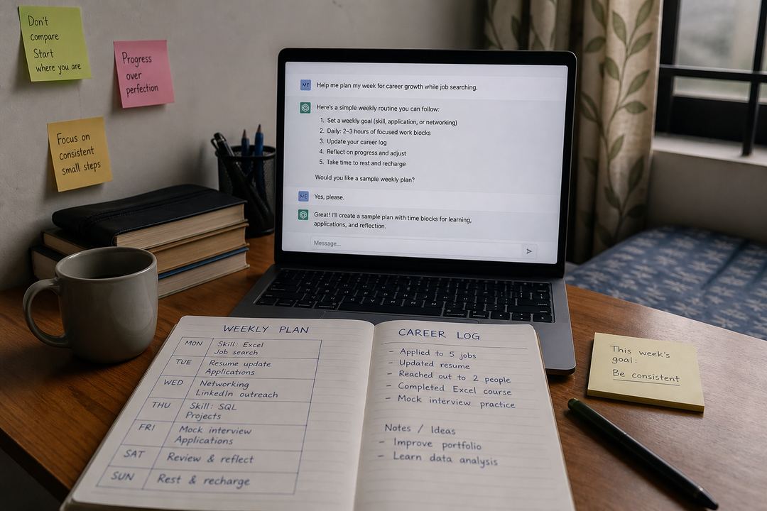Young job seeker updating a written career log beside a laptop displaying an AI chat window.
