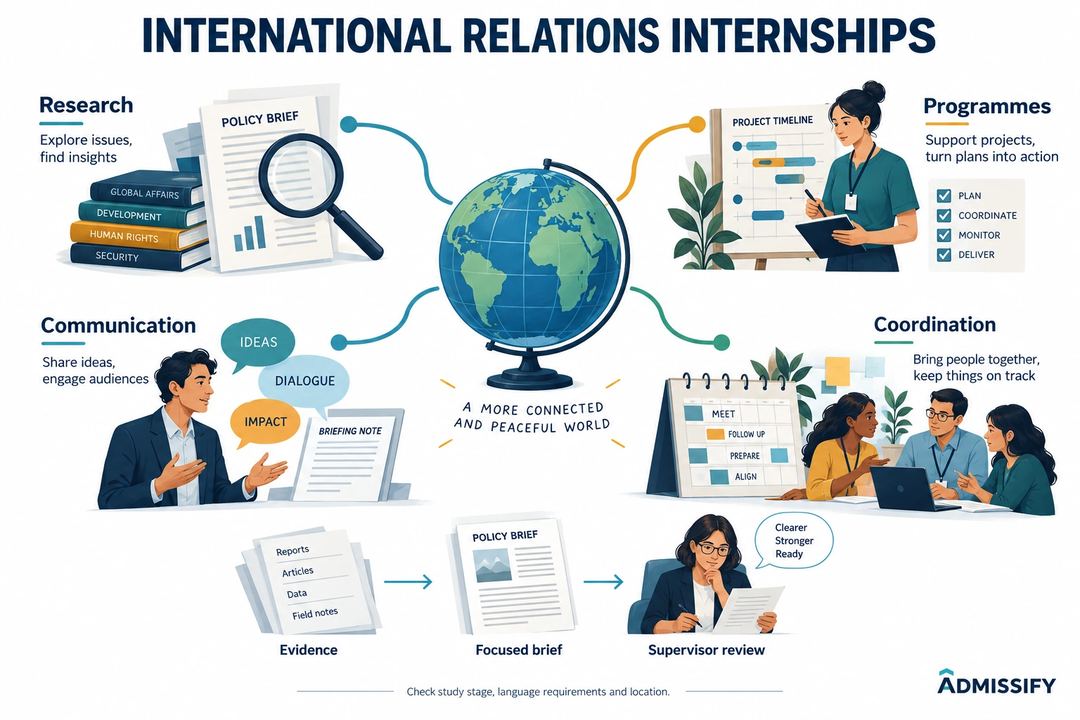 A globe connects research, programmes, communication and coordination, with an evidence-to-brief-to-review workflow below.