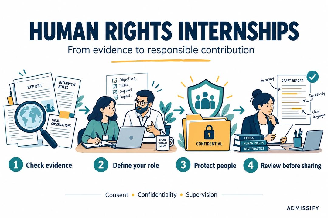 An illustrated human rights workflow connects evidence review, a defined internship role, confidentiality safeguards and review before sharing.