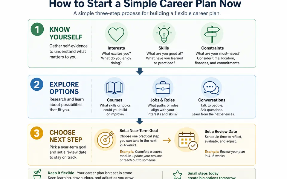 Three-step flowchart showing how to gather self-evidence, explore options, and set a near-term goal with a review date.