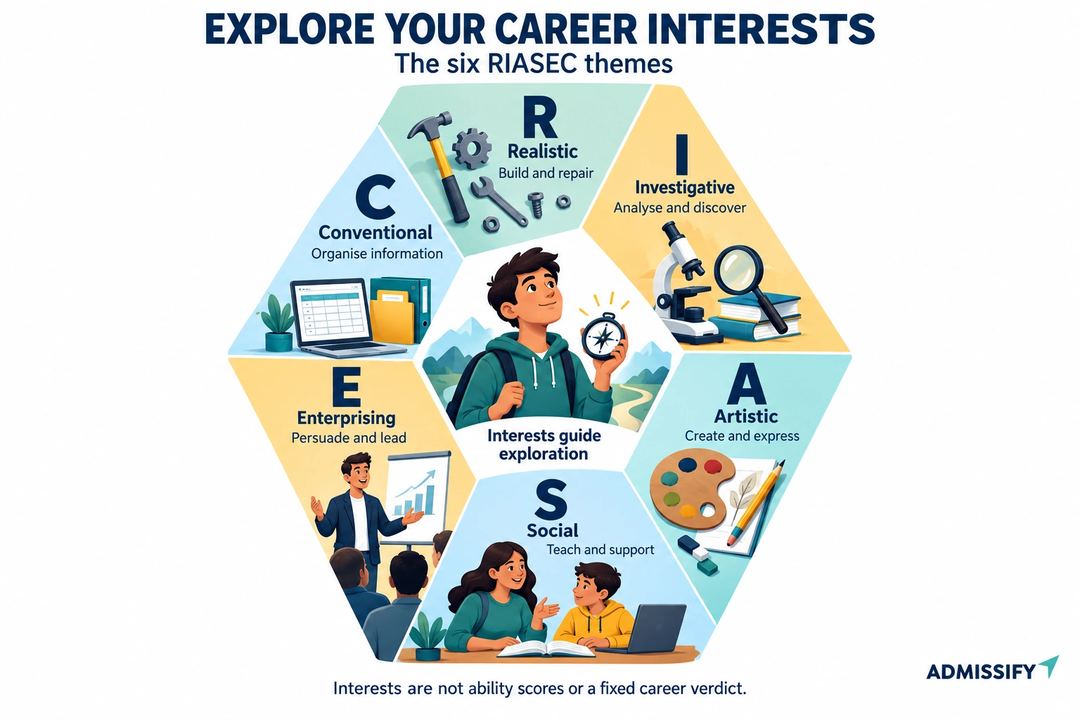 A six-part RIASEC wheel illustrates Realistic, Investigative, Artistic, Social, Enterprising and Conventional interests around a student exploring options.