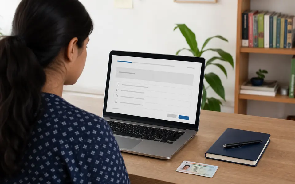 Student in India sitting at a desk with a laptop, ID card and notebook, taking an online psychometric test in a quiet, well-lit room.