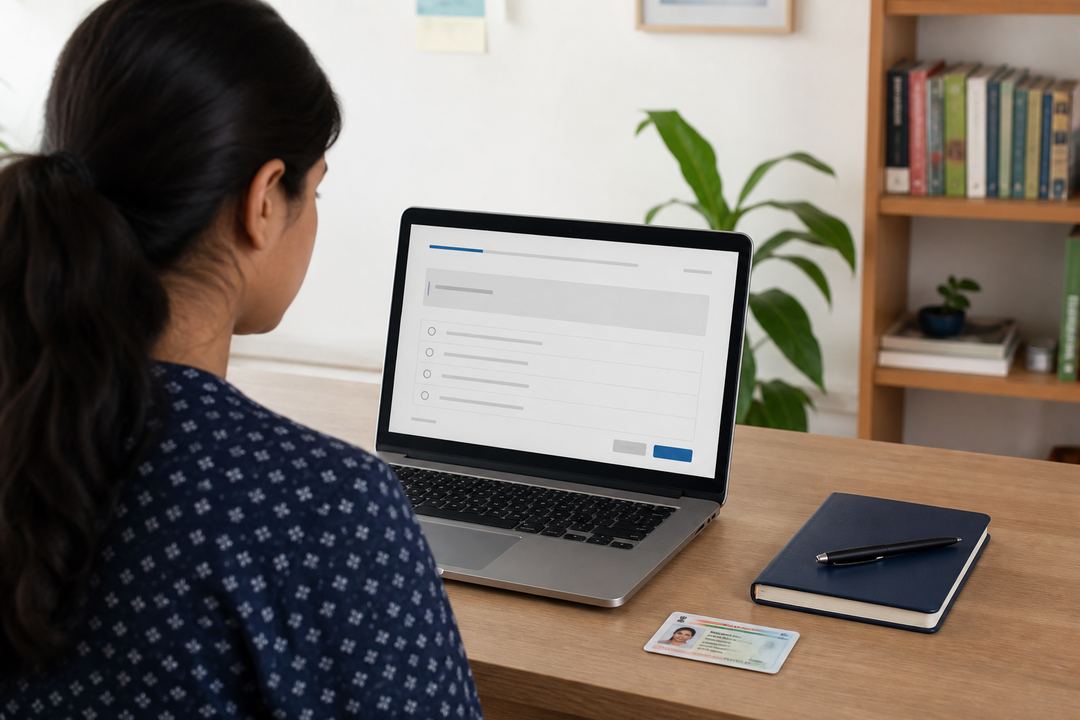 Student in India sitting at a desk with a laptop, ID card and notebook, taking an online psychometric test in a quiet, well-lit room.