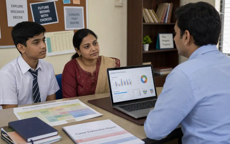Secondary-school student and parent meeting a career counsellor in an Indian school office, discussing subject choices with documents and a laptop on the table.