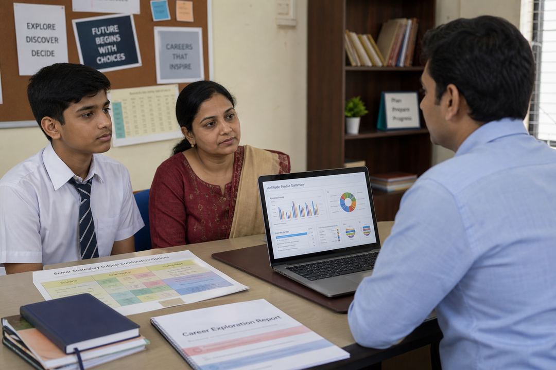 Secondary-school student and parent meeting a career counsellor in an Indian school office, discussing subject choices with documents and a laptop on the table.