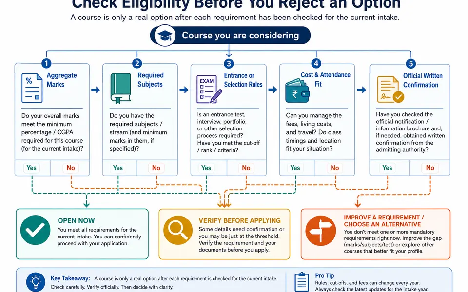 Eligibility decision flow for a course application: marks, required subjects, entrance rules, practical fit, and official confirmation.
