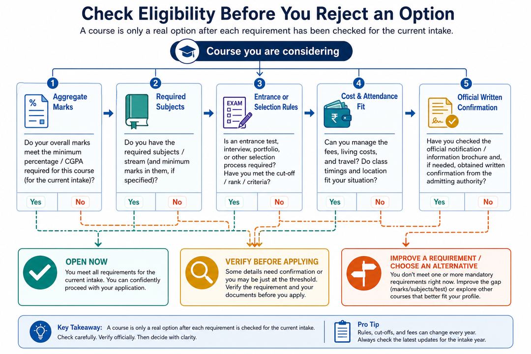 Eligibility decision flow for a course application: marks, required subjects, entrance rules, practical fit, and official confirmation.