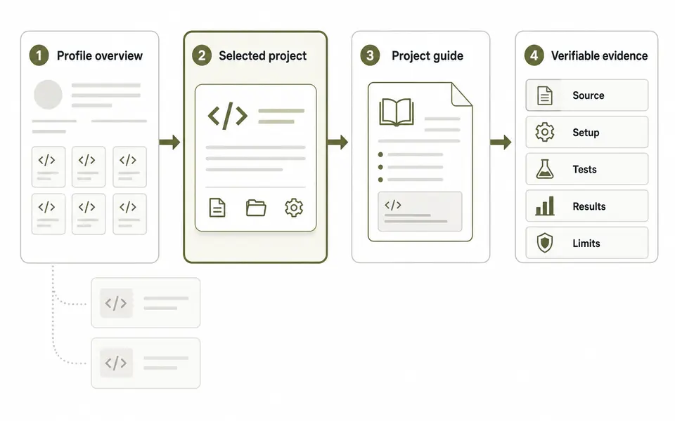 Reviewer path from a focused code-hosting profile to verifiable project evidence.