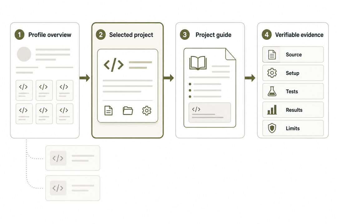 Reviewer path from a focused code-hosting profile to verifiable project evidence.
