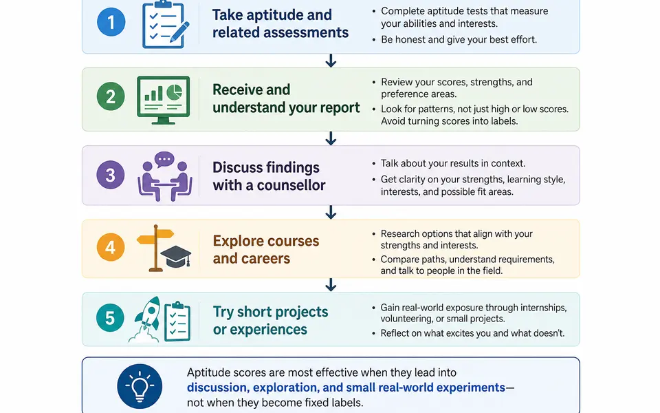 Flowchart showing steps from taking an aptitude test to receiving a report, discussing it with a counsellor, exploring options, and trying short experiences.