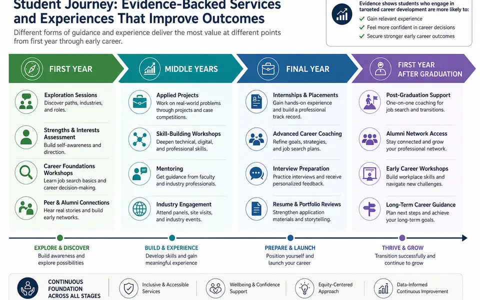 Student journey map from first year to early career showing when different career-guidance interventions are offered.
