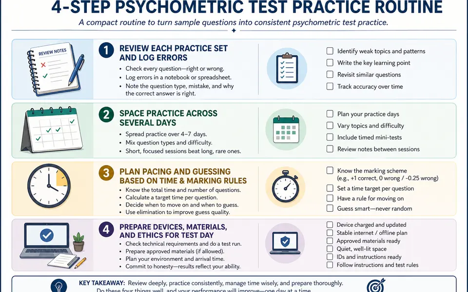 Checklist-style visual showing a short psychometric test practice routine with steps for review, spacing, timing, and test-day setup.