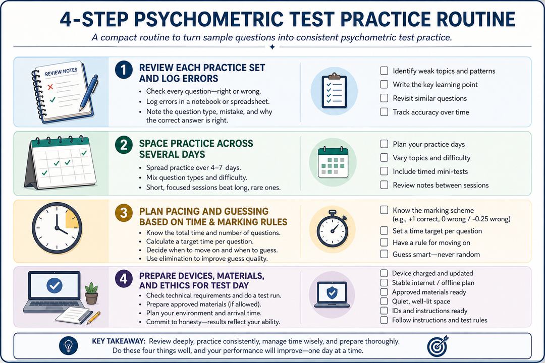 Checklist-style visual showing a short psychometric test practice routine with steps for review, spacing, timing, and test-day setup.