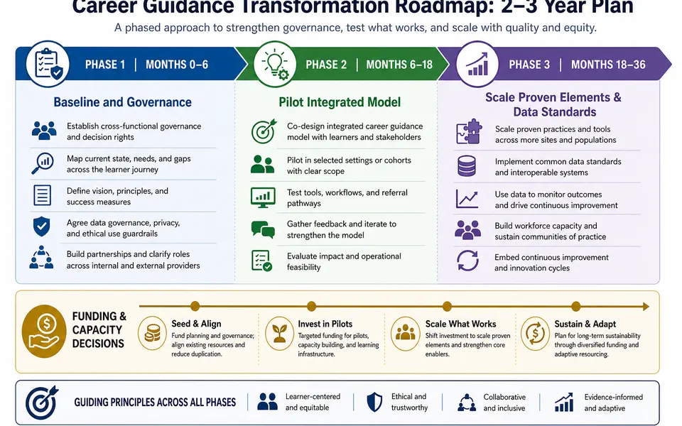 Timeline-style graphic showing three phases of a two- to three-year career-guidance transformation roadmap.