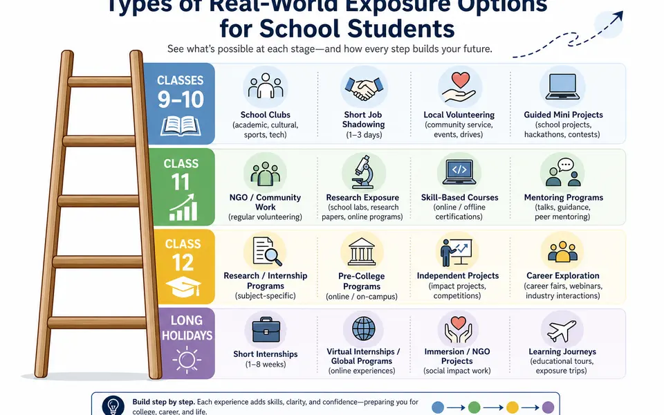 Infographic ladder showing different real-world exposure options for Classes 9–12, from school clubs and shadowing to volunteering, research programs, and internships.