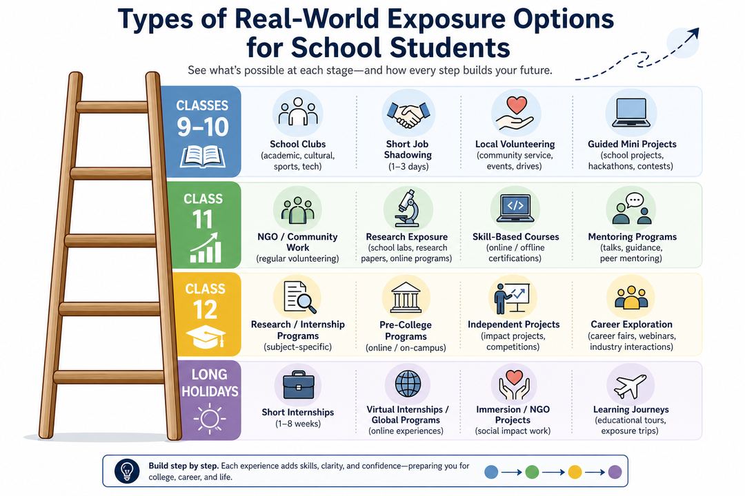 Infographic ladder showing different real-world exposure options for Classes 9–12, from school clubs and shadowing to volunteering, research programs, and internships.