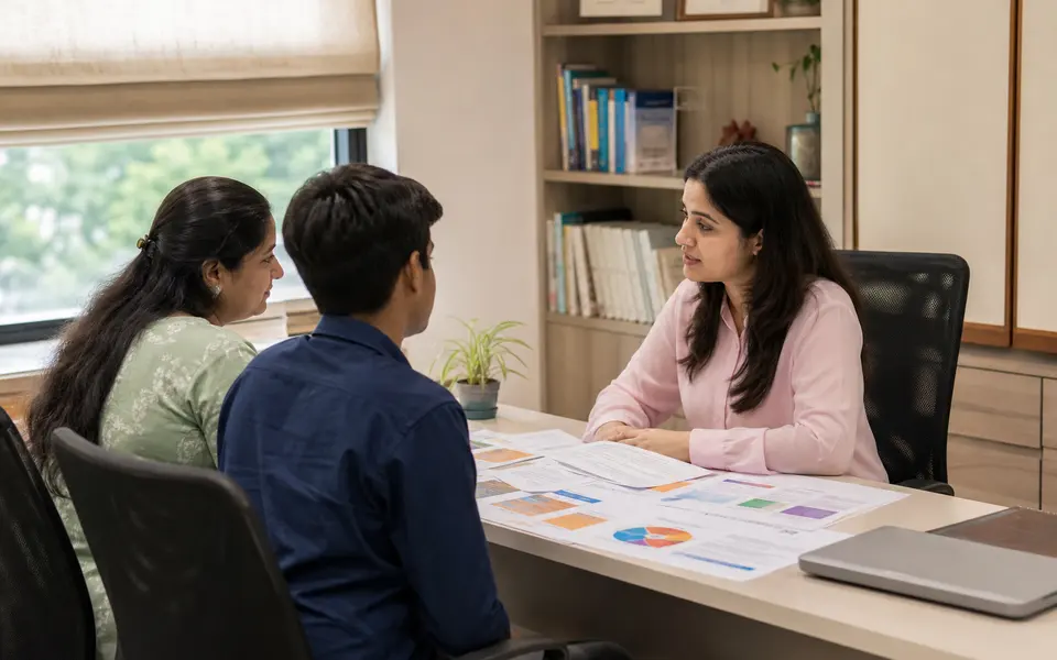School student and parent sitting with a career counsellor in an office, looking at education options together