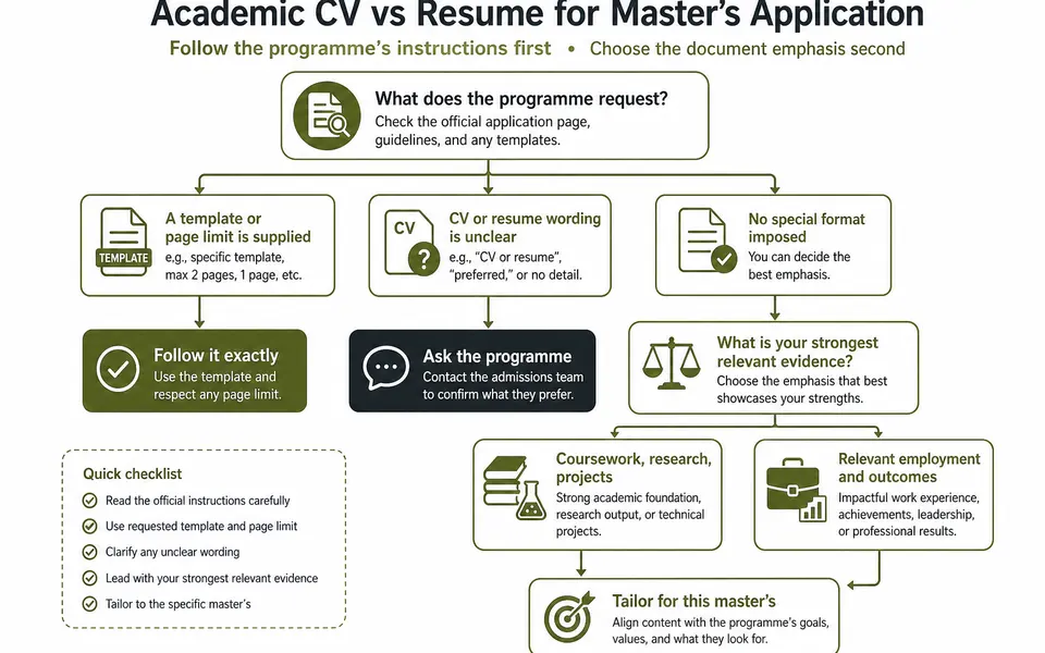 Decision flow showing how programme instructions and strongest evidence determine whether to use an academic CV or a resume-style document.