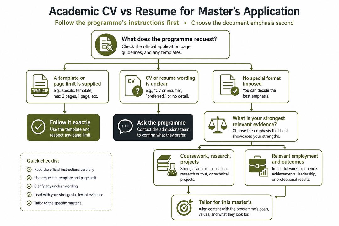 Decision flow showing how programme instructions and strongest evidence determine whether to use an academic CV or a resume-style document.