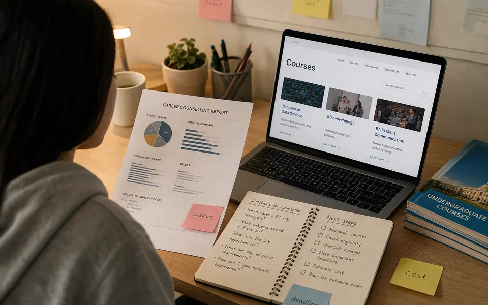 Student at a desk making notes from a counselling report, with question prompts and course brochures nearby.