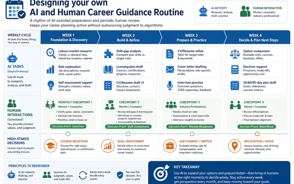 Infographic showing a weekly and monthly routine that combines AI-based research and drafting with scheduled human mentoring sessions.
