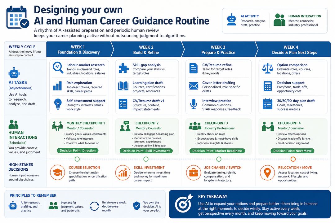 Infographic showing a weekly and monthly routine that combines AI-based research and drafting with scheduled human mentoring sessions.