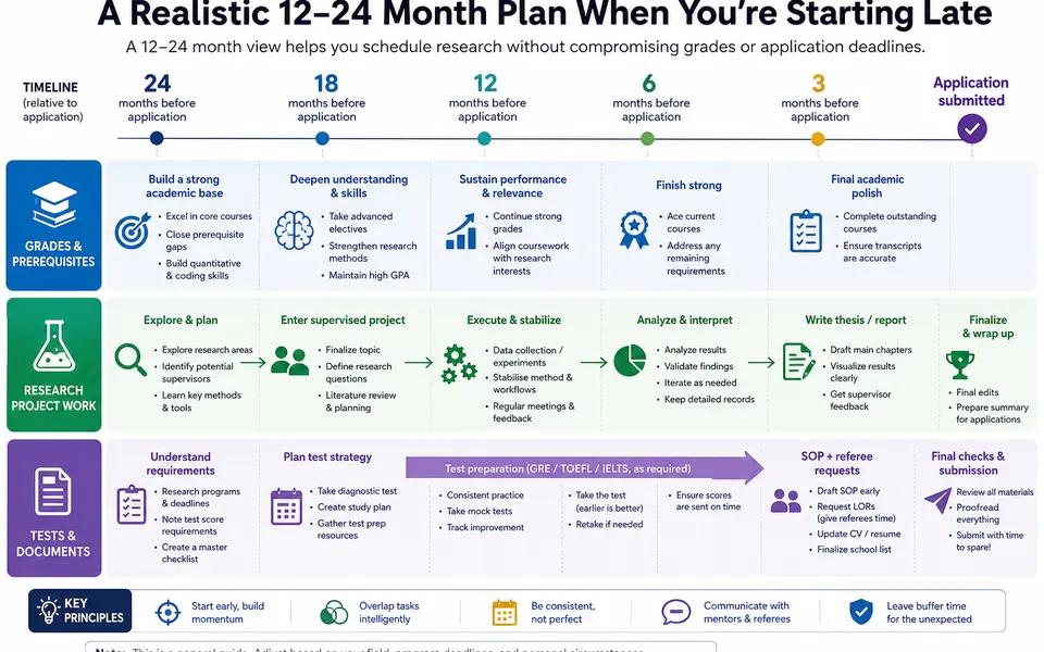 Timeline from 24 months before application to submission, showing phases for grades, skills, research project, and documents.