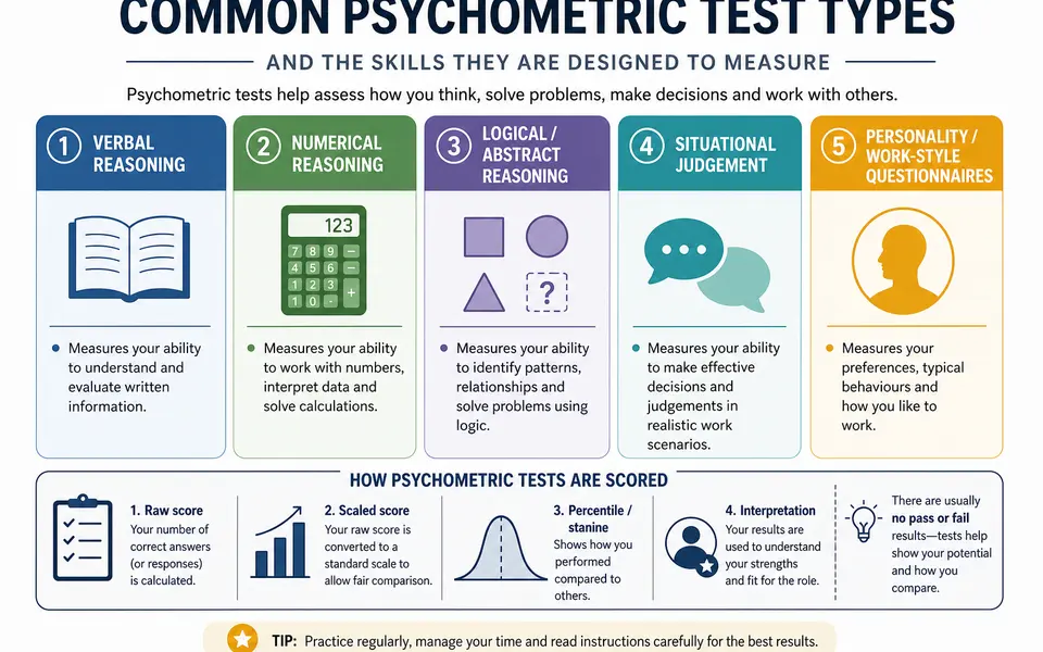 Diagram showing common psychometric test types such as verbal, numerical, logical, situational judgement and personality, with a short note on what each measures.