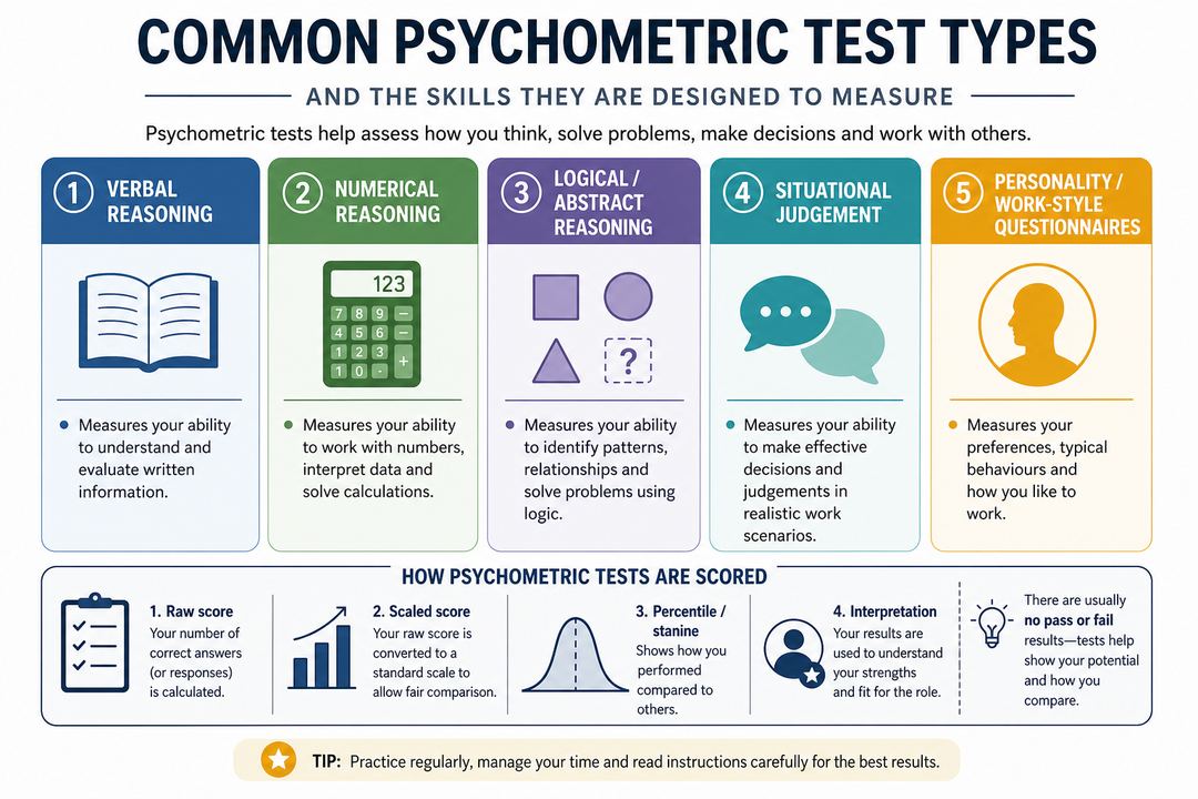 Diagram showing common psychometric test types such as verbal, numerical, logical, situational judgement and personality, with a short note on what each measures.