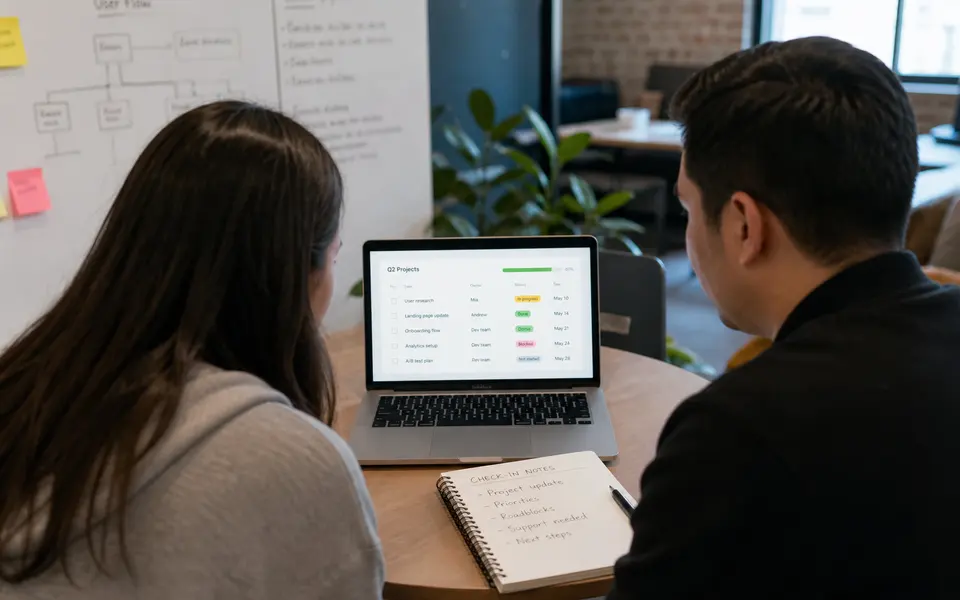 Intern and manager having a one-on-one check-in at a startup office, reviewing a laptop screen and notes.