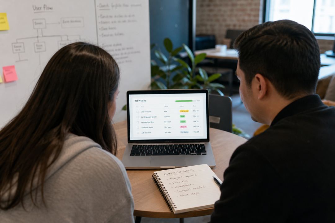 Intern and manager having a one-on-one check-in at a startup office, reviewing a laptop screen and notes.