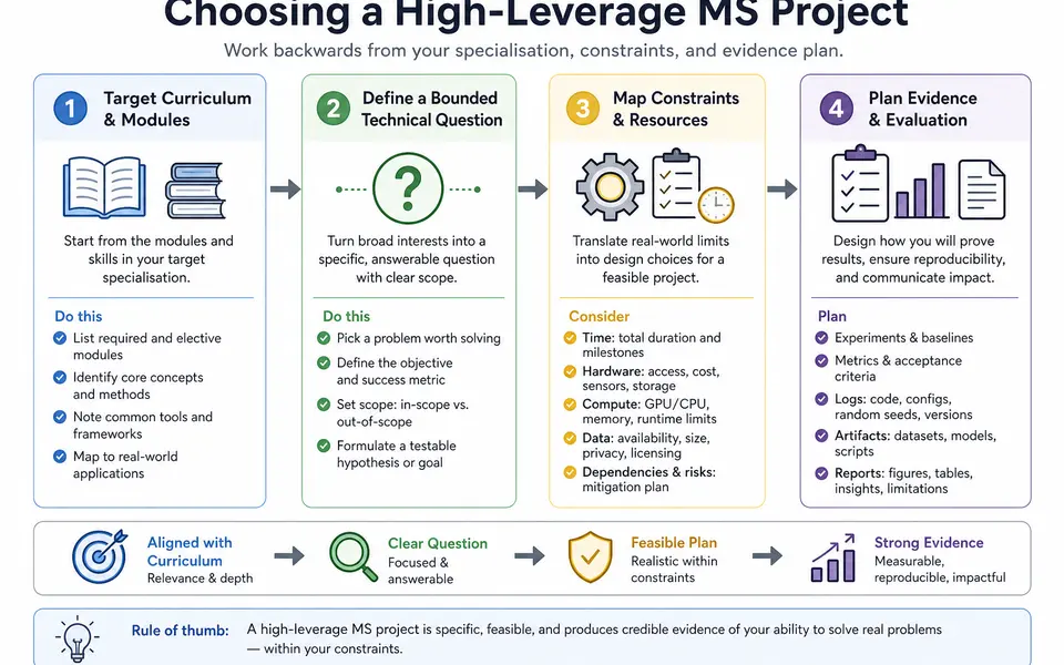 Flow diagram showing how an MS applicant chooses a project by aligning with target curriculum, defining a bounded question, mapping constraints, and planning evidence.