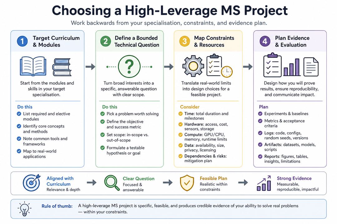 Flow diagram showing how an MS applicant chooses a project by aligning with target curriculum, defining a bounded question, mapping constraints, and planning evidence.