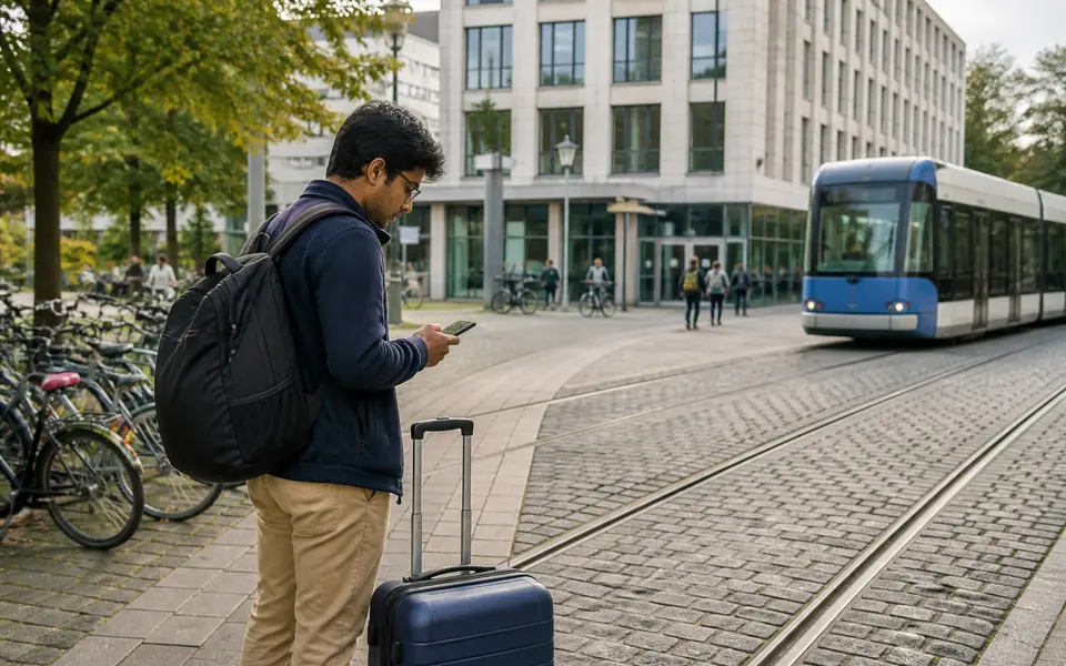 Student with luggage arriving on a European university campus, checking documents and directions.