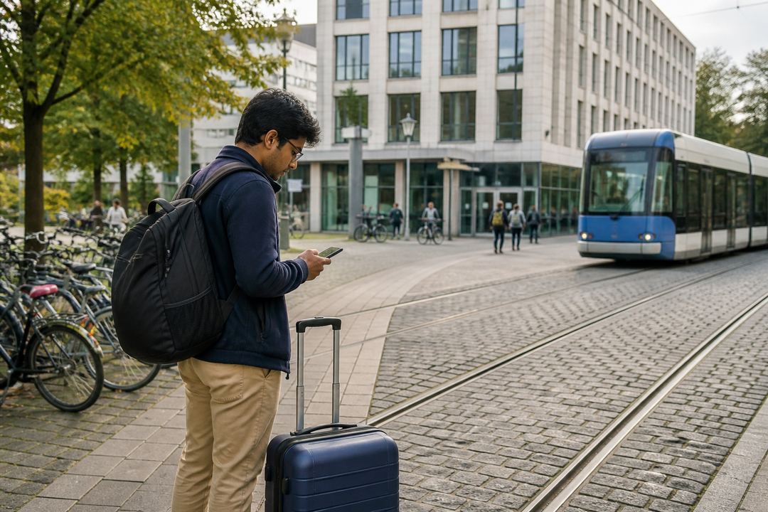 Student with luggage arriving on a European university campus, checking documents and directions.