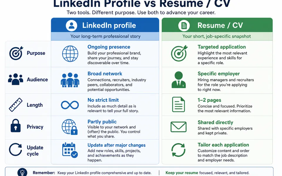 Infographic comparing a LinkedIn profile and a resume side by side across purpose, audience, length, privacy and update frequency.