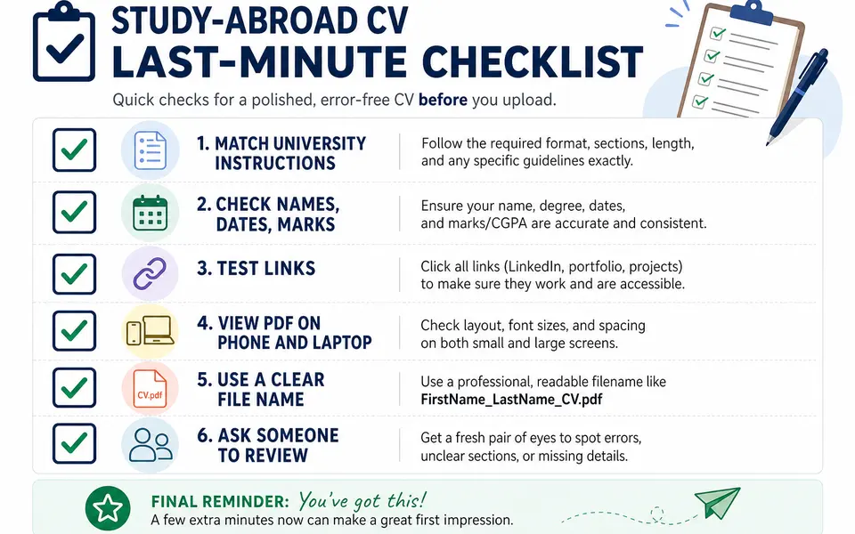 Checklist infographic for a study-abroad CV, with tick boxes for instructions followed, correct dates and marks, working links, clean PDF layout and external review.