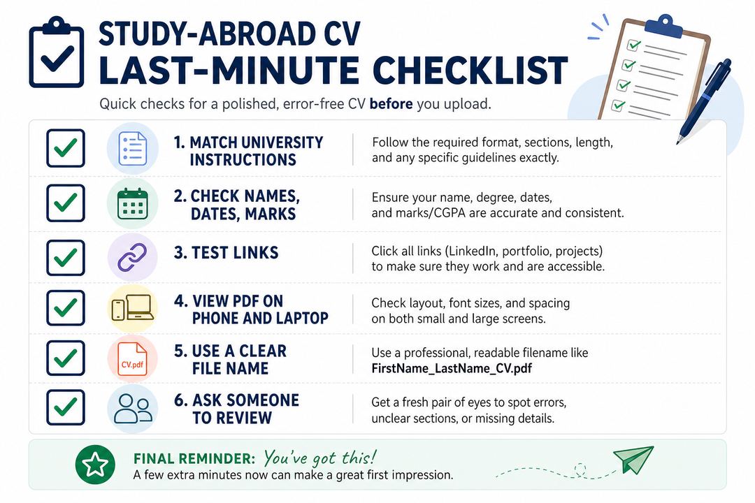 Checklist infographic for a study-abroad CV, with tick boxes for instructions followed, correct dates and marks, working links, clean PDF layout and external review.