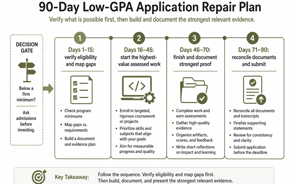 Ninety-day low-GPA application repair timeline from eligibility checks through evidence building, documentation and submission.