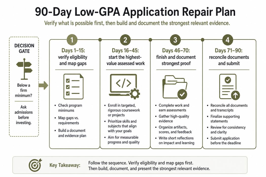 Ninety-day low-GPA application repair timeline from eligibility checks through evidence building, documentation and submission.